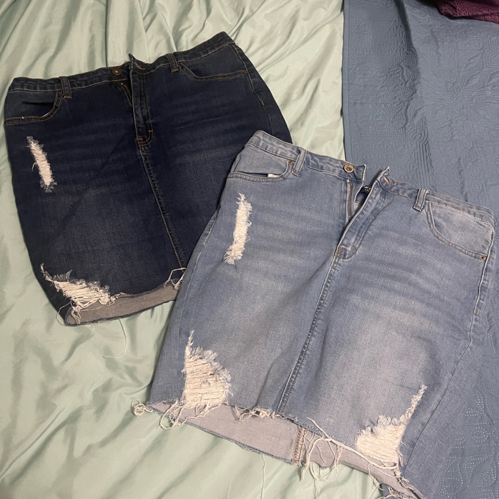Wax Jean Distressed Denim Mini Skirt in Dark Blue and Light Blue